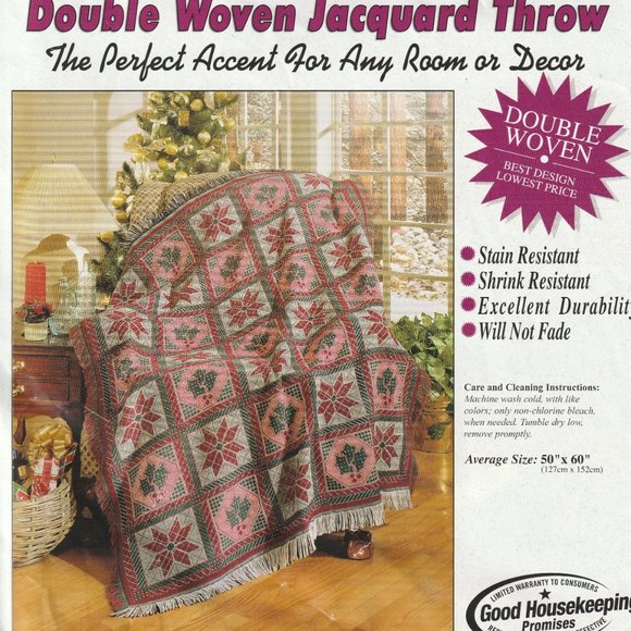 Vintage Double Woven Jacquard Throw with Fringe Christmas Holiday Quilt 50"X60" - Picture 2 of 2
